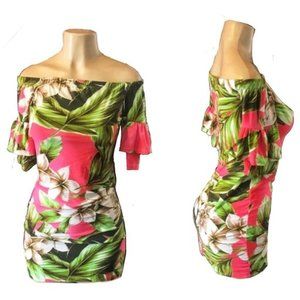 Pink & Green Tropical Pink Off Shoulder Bodycon